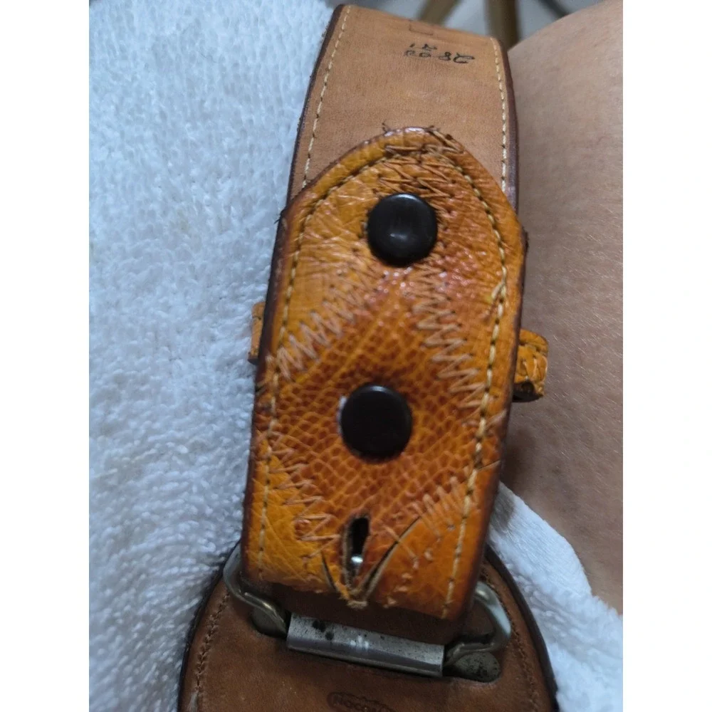 Justin Genuine Ostrich Belt Sz 38 Embroidered Adjustable Belt Brown Aztec Buckle